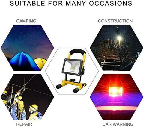 Led Rechargeable Work Light for camping, construction, repair, and car warning, 100W portable floodlight with adjustable handle.