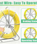 6mm By 500ft Fiberglass Duct Rodder For Conduit Installations on steel reel stand, showing braking and operating status, close-up view.