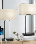 Set of 2 beige fabric shade lamps with USB ports and AC outlet, 20 Inch High 3 Way Dimmable Touch Lamp Set For Living Room Bedroom Office