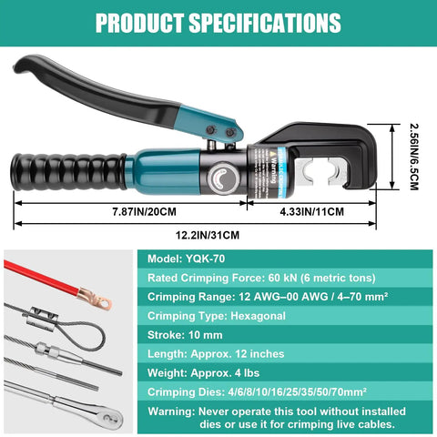 6 Ton Hydraulic Crimping Tool With 9 Die Pairs For 12 AWG To Two Zero Battery Cable Lugs And Wire Rope Crimper Heavy Duty Electrical Crimping For Welding Cables And Battery Cabling Pro Grade