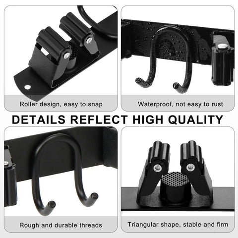 Stainless Steel Rustproof Broom Holder Wall Mount With Four Slots And Six Hooks Built Tough Mop Hanger details close-up