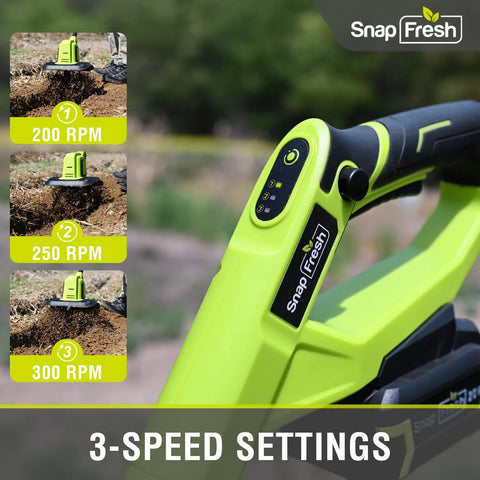 Close-up of 20V Cordless Tiller Cultivator With 4Ah Battery And Fast Charger Included 300 RPM Garden Rototiller for home garden