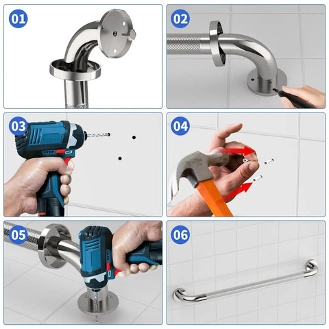 Installation steps for 32 Inch Chrome Shower Grab Bar 1.25 Inch Diameter Stainless Steel Wall Safety Rail For Bathroom Balance And Support Ideal For Handicap Elderly Injury Prevention Rust Resistant Easy Install Bath Assist Handle.