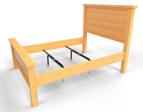 Heavy Duty Bed Slats Center Support System with adjustable steel legs under a wooden bed frame for queen king California king beds.