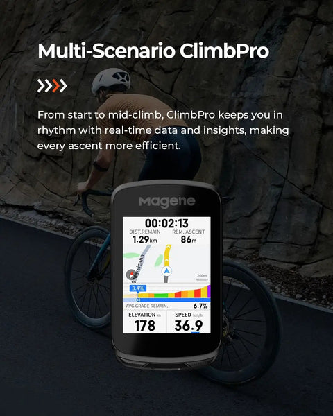 Pro GPS Bike Computer with Climb Pro feature displaying real-time data during a ride, cyclist in background.