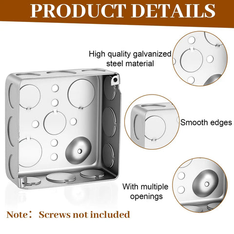 12 Pack 4 Inch Square Electrical Boxes 1-1/2 Inch Deep Galvanized Steel Junction Boxes For Wall Outlets And Wiring 21 Cu In Capacity Silver Finish Screws Not Included, shown with openings and smooth edges