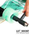 All In One Skate Tool Kit For Skateboards And Longboards With T Type Allen Key And L Type Phillips Head Wrench in use on wheel nut