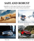 Four images showing vehicles driving in sand, snow, rain, and cross-country trail with text Safe and Robust.