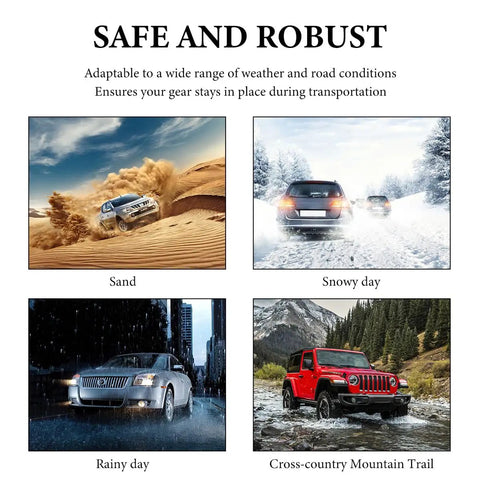 Four images showing vehicles driving in sand, snow, rain, and cross-country trail with text Safe and Robust.