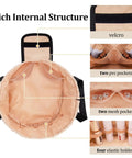 Drawstring Travel Makeup Bag Large Capacity Cosmetic Organizer For Women Opens Flat showing compartments and pockets