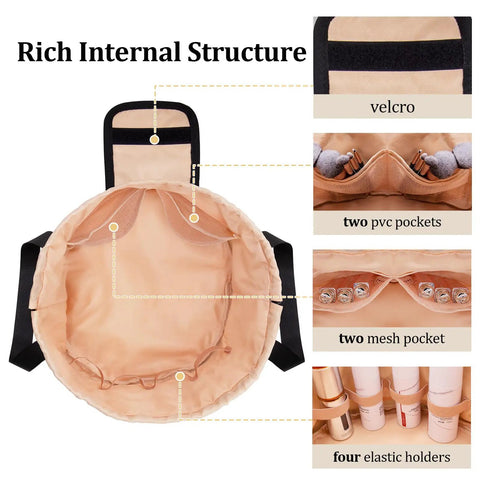 Drawstring Travel Makeup Bag Large Capacity Cosmetic Organizer For Women Opens Flat showing compartments and pockets