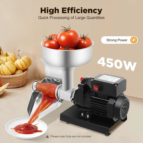 Heavy Duty Electric Tomato Strainer 450W Stainless Steel Sauce Maker with large funnel processing tomatoes into puree.