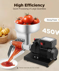 Heavy Duty Electric Tomato Sauce Maker And Fruit Strainer with stainless steel funnel and 450W motor processing tomatoes.