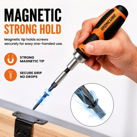 Hand using ratcheting screwdriver set with magnetic case, 56 piece multi bit tool kit, showing strong magnetic tip holding screw.