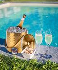 Gold Double Wall Insulated Ice Bucket With Lid And Scoop Keeps Drinks Frosty All Night Long Backyard Bash Essential Heavy Duty stainless steel design with champagne bottle and glasses by pool