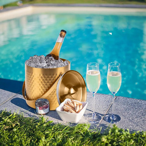 Gold Double Wall Insulated Ice Bucket With Lid And Scoop Keeps Drinks Frosty All Night Long Backyard Bash Essential Heavy Duty stainless steel design with champagne bottle and glasses by pool