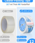 Heavy Duty Packing Tape 12 Roll Set Clear 2.7 Mil Thick 1.88 Inch Wide 60 Yards Per Roll 720 Total Yards Ideal For Shipping Moving And Sealing Ultra Clear Strong Adhesive, showcasing a roll with dimensions and comparison to other tape.