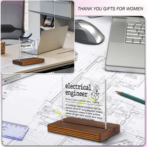 Funny Electrical Engineer Clear Desk Sign Lit Gift For Work Anniversary Appreciation And Recognition Plaque For Engineers Retirement Farewell Gift For Women And Men EDC10 on wooden base in office setup