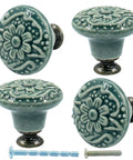 Green Ceramic Knobs And Pulls For Drawers, Dressers, Cupboards And Closets 34mm 1.3in Diameter Set Of 4 With Mounting Screws Included
