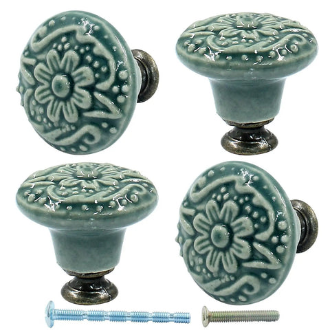Green Ceramic Knobs And Pulls For Drawers, Dressers, Cupboards And Closets 34mm 1.3in Diameter Set Of 4 With Mounting Screws Included