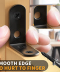 Black Stainless Steel L Brackets Set of 18 With 72 Screws Storage Tin installed on wood, showing smooth edges safe to touch.