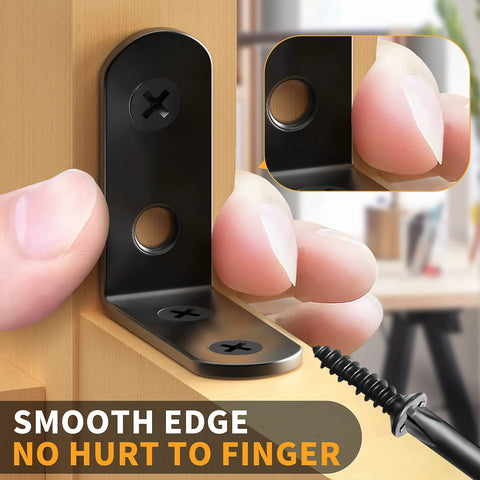 Black Stainless Steel L Brackets Set of 18 With 72 Screws Storage Tin installed on wood, showing smooth edges safe to touch.