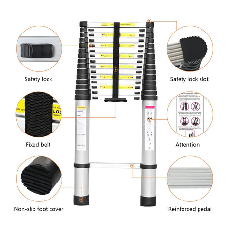 15.5 Foot Telescoping Ladder Made From Aluminum Extendable Multi Purpose Folding Ladder features details of design elements.