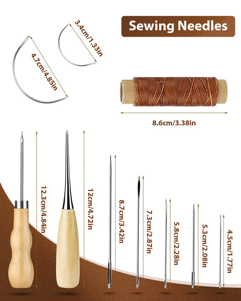Leather Working Starter Kit For Beginners With Waxed Thread Groover Awl Stitching Punch And Storage Bag Pro Leather Craft Set displayed