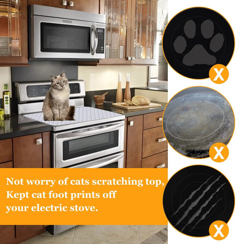 Quilted Stove Top Cover Protector For Glass Ceramic Cooktops with cat sitting on it, prevents scratches and stains in kitchen.