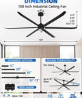 108 Inch Industrial Ceiling Fan No Light For Large Spaces Like Garages Gyms Barns And Restaurants Heavy Duty HVLS Powerhouse Delivers Serious Airflow And Cooling. dimension chart