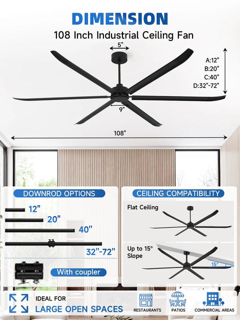 108 Inch Industrial Ceiling Fan No Light For Large Spaces Like Garages Gyms Barns And Restaurants Heavy Duty HVLS Powerhouse Delivers Serious Airflow And Cooling. dimension chart