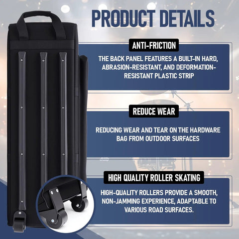 Badass 32 Inch Rolling Drum Hardware Duffle Bag With Smooth Wheels And Slamming Padding For Cymbal Stands Pedals Plus Side Pockets For Dope Gear Ready To Rock back panel with anti-friction features
