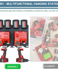Heavy Gauge Metal Wall Mount Rack For Milwaukee 18V Battery And Dual Charger Stand With Cordless Drill Holder, functional design with chargers and batteries.