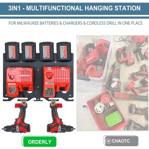 Heavy Gauge Metal Wall Mount Rack For Milwaukee 18V Battery And Dual Charger Stand With Cordless Drill Holder, functional design with chargers and batteries.