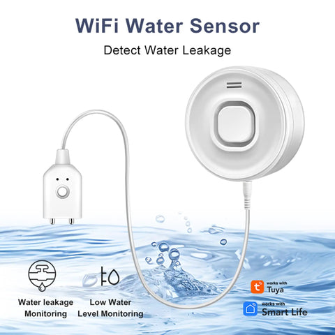 Smart WiFi Water Leak Detector With 100dB Alarm And App Alerts No Hub Needed 2.4G WiFi Tuya Compatible device with probe cable.