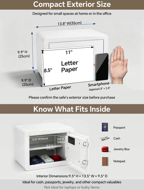Dimensions and storage options for Biometric Fingerprint Home Safe With Quick Access Digital Lock Box 1.2 Cubic Feet White