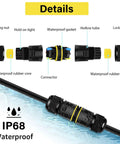 Exploded view of Tool-Free Press-In Outdoor Junction Box Kit with 3 pin connectors, IP68 waterproof, showing components and assembly.