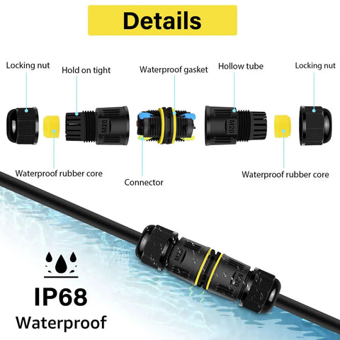 Exploded view of Tool-Free Press-In Outdoor Junction Box Kit with 3 pin connectors, IP68 waterproof, showing components and assembly.