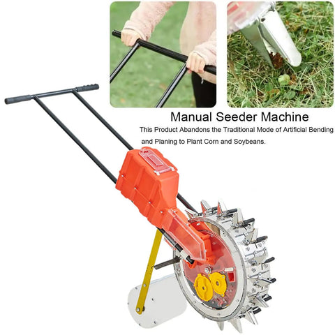 Rugged Garden Push Seeder Hand Push Manual Seeder Walk Behind Planter For Row Crops with 16 Nozzles shown in field use