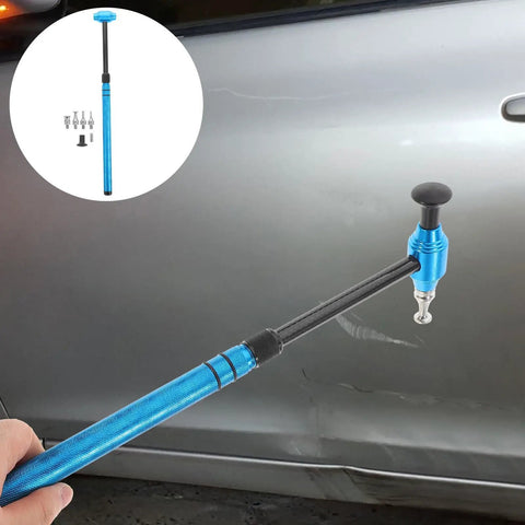 Pro Grade Multi Head Paintless Dent Removal Hammer Kit with blue handle used on car door for smooth dent repair.