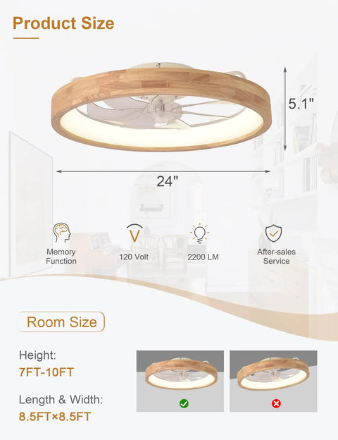 24 Inch Wood Fandelier Ceiling Fan With Integrated Light Flush Mount Frame Features Six Adjustable Speeds And Sleek App Interface, dimensions and specifications.