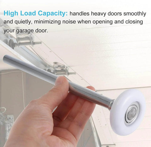 Hand holding Two Pack 2 Inch Nylon Garage Door Rollers With 11 Ball Bearings And 6.2 Inch Stem For 2 Inch Tracks Quiet And Top Notch Durable Replacement