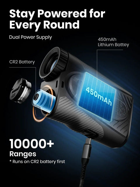 Close-up of Dual Power Supply showing CR2 battery and 450mAh lithium battery for Dominate The Fairway With This Heavy Duty Golf Rangefinder Featuring Auto Slope Compensation And Smart Triangulation For Locked Flags Up To 1300 Yards Slick Magnetic Clip.