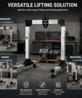Heavy Duty Portable Aluminum Gantry Crane Rock Solid 2 Ton Lifting Rig in a workshop with various tools.