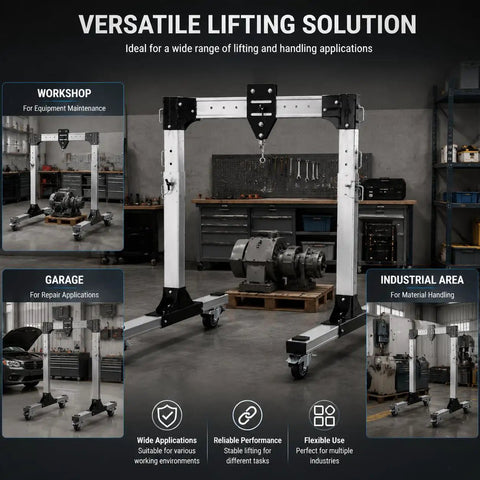 Heavy Duty Portable Aluminum Gantry Crane Rock Solid 2 Ton Lifting Rig in a workshop with various tools.