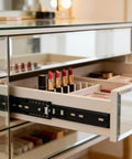 Beefy Heavy Duty Mini Drawer Slides With Ball Bearing Telescopic Rails Three Section Full Extension 2 Pack Cold Rolled Steel Construction Silent Sliding Quick Install For Kitchen Cabinets And Dressers installed on a mirrored vanity drawer