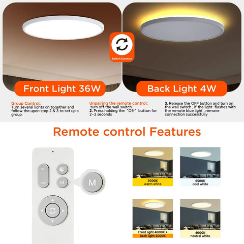 Remote Control Flush Mount LED Ceiling Light 18 Inch Round Fixture With Dimmable Color Changing 3000K To 6500K And 2000K Mood Lighting Night Light Memory Function Wireless Easy Control For Bedroom And Living Areas with remote control and light settings displayed