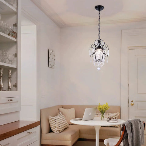 Crystal Mini Black Chandelier With Adjustable 41.3 Inch Chain in a kitchen nook, featuring K9 Crystal, antique style