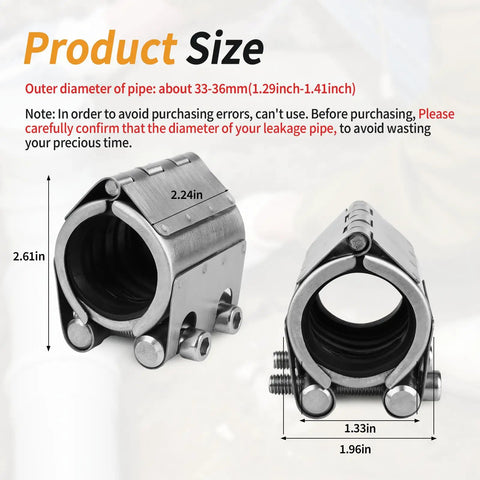 Heavy Duty Pipe Repair Clamp Kit 1 Inch 33mm 36mm Emergency Leak Sealer For Plastic And Metal Pipes Stainless Steel Band High Pressure Resistant Clamp For Water Gas Oil Lines Quick Fix That Stops Leaks Fast. Two stainless steel pipe clamps with dimensions and size details.