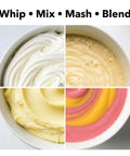 Whipped cream, batter, mashed potatoes, and blended mixture made with 5 Speed Corded Hand Mixer With Stainless Steel Whisks